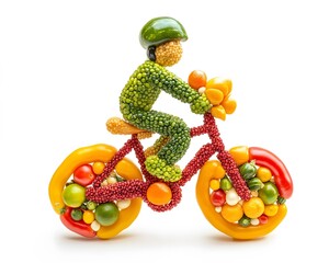 Naklejka premium Cyclist artfully crafted from various fresh vegetables and fruits