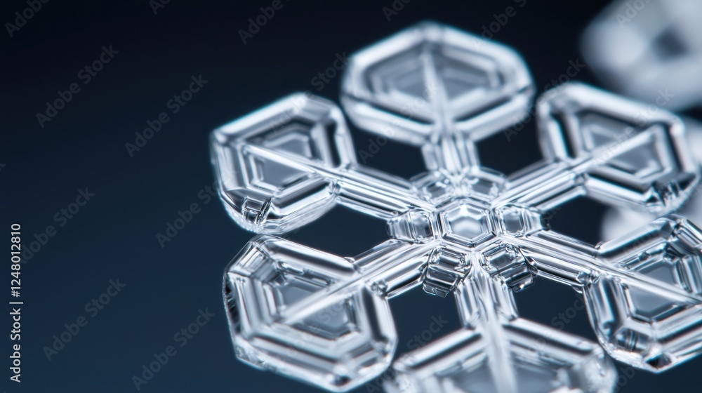 Poster detailed macro shot of intricate snowflake structure with clear ice crystals on dark background