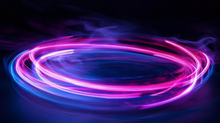 Naklejka premium Fast light motion speed effect. Vector realistic illustration of abstract neon pink, purple rays, circular centric motion on black background, space travel route perspective, explosion energy warp