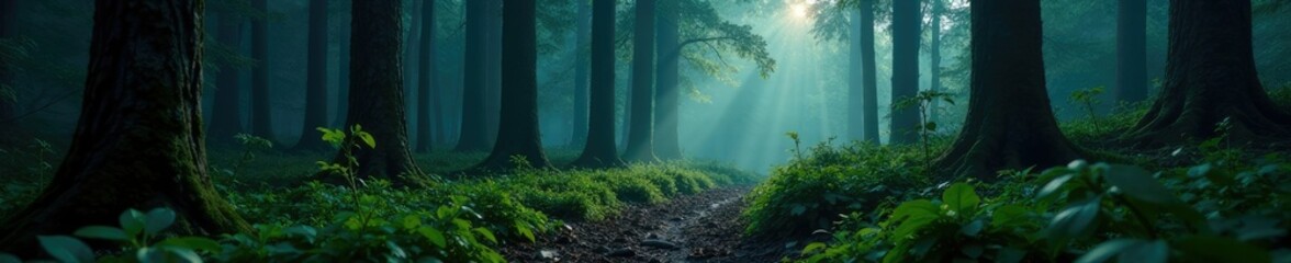 Dark forest with tall trees and a lone creeper stretching towards the ground, foliage, foliage