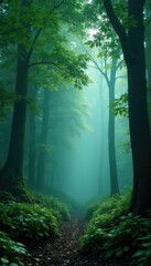 Fototapeta premium Dark forest with misty foggy atmosphere dense foliage green leaves, canopy, foliage, wilderness