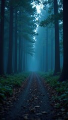 Obraz premium Dark forest path with a faint blue gradient blur effect, blur, eerie, path