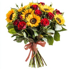 Obraz premium A bouquet of sunflowers mixed with red roses, tied with a bow, on isolated white background