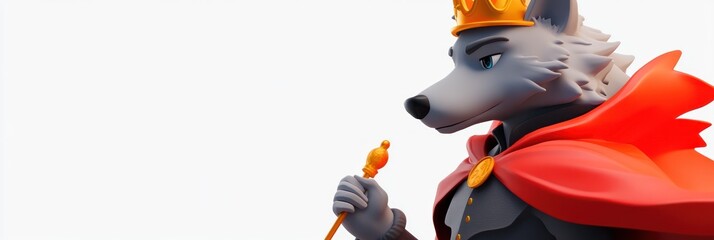 Cartoon wolf king in red robe holding scepter.