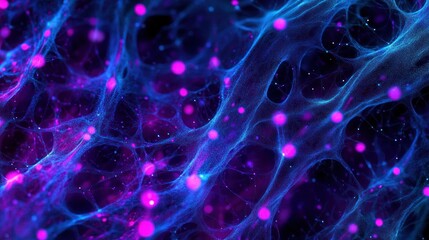Abstract glowing network with vibrant pink and blue nodes.