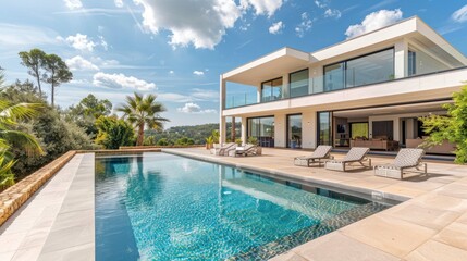Fototapeta premium A large modern house with a pool and a balcony overlooking the ocean