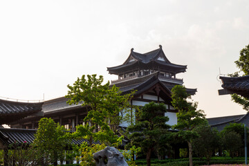 close-up of chinese pavilion in the garden