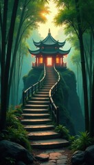 A winding staircase leads up to a mystical Chinese temple in the heart of lush bamboo forest at dusk, dusk, serenity