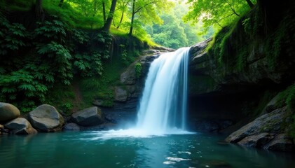 a waterfall cascades down a rocky slope in the jungle, cascade, falls
