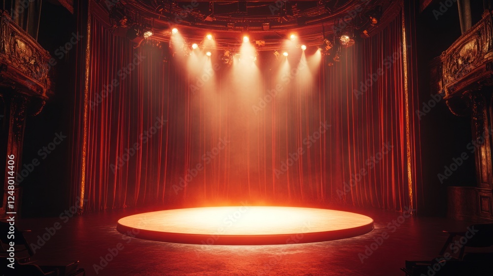 Poster empty stage with red curtains and spotlights, ready for a performance.