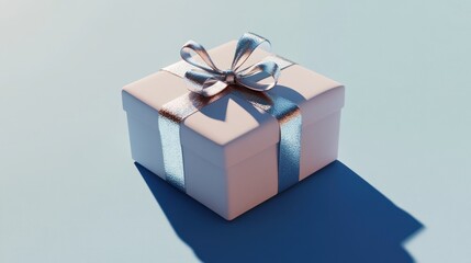 Obraz premium Pastel pink square gift box with silver ribbon bow, isolated on light blue background.