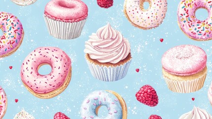 A colorful pattern featuring various delicious desserts including cupcakes and donuts, perfect for adding a sweet touch to any design project.