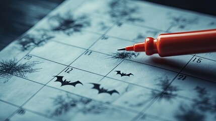 Closeup photo of a mark on a calendar at the thirty first, with an inscription saying Halloween and a drawing of bats with a red pushpin and a felt pen.