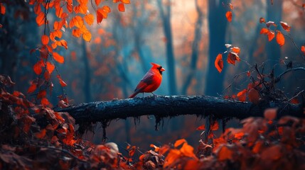 Vibrant red cardinal perched on a branch amidst autumn leaves in a mystical forest.