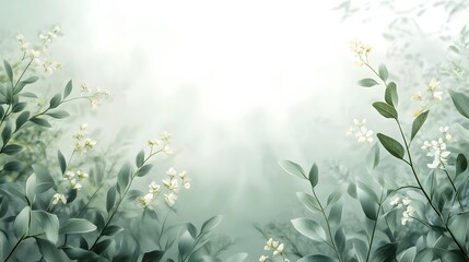 Soft Focus Lush Green Floral Background with Delicate Blooming Flowers
