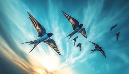 Birds Soar in Dramatic Sky at Sunrise