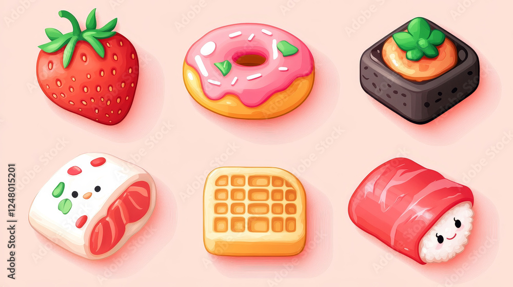 Poster game buttons with texture of food, strawberry, waffle, cheese and donut with pink glaze. vector cart
