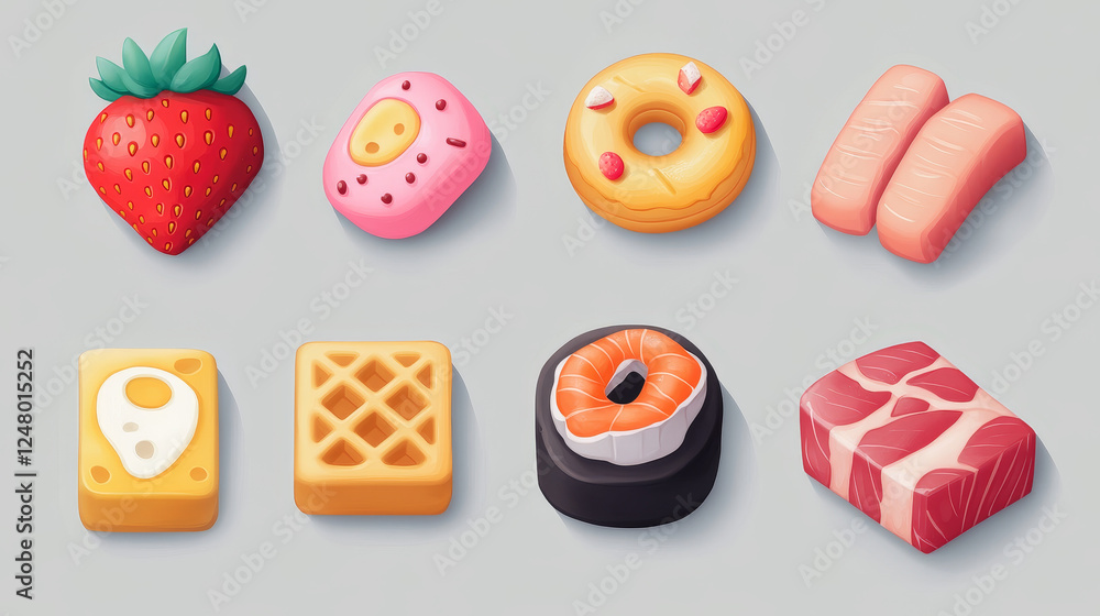 Poster game buttons with texture of food, strawberry, waffle, cheese and donut with pink glaze. vector cart