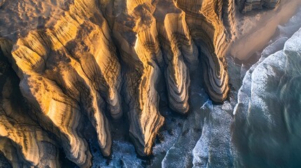 Aerial view of rugged cliffs and turquoise ocean waves, showcasing dramatic coastal scenery with natural textures and tones.
