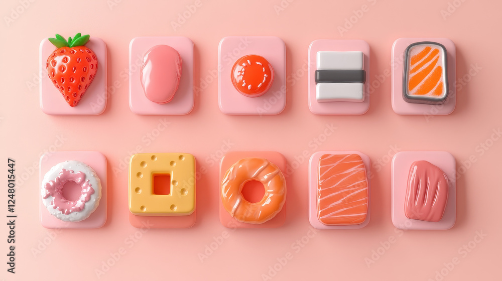 Poster game buttons with texture of food, strawberry, waffle, cheese and donut with pink glaze. vector cart