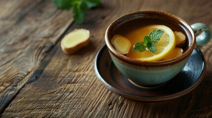A cup of tea with a lemon slice and a sprig of mint