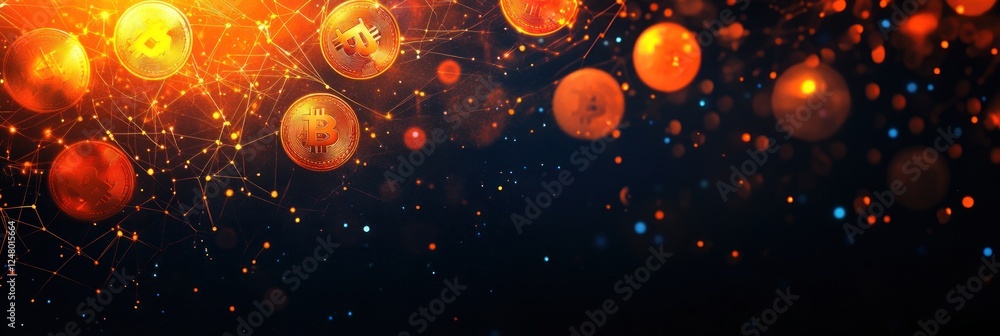 Poster abstract background with glowing orange spheres and connecting lines on dark background.