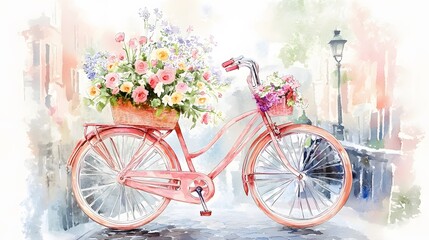 Fototapeta premium Watercolor painting of a pink bicycle adorned with flowers