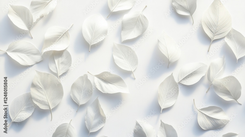 Poster delicate white leaf arrangement, soft shadows create depth on a pristine background, elegant and eth