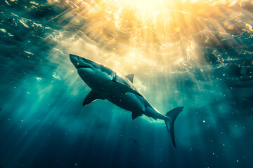 Naklejka premium Great white shark and sun rays