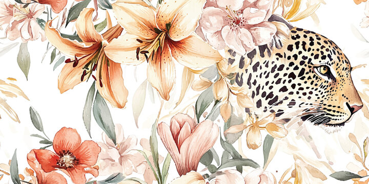 Exotic mix of tropical flowers and leopard print on white, blending vibrant blooms with wild, bold patterns, seamless pattern