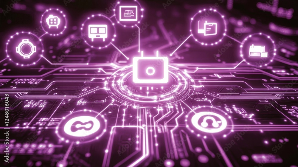 Poster abstract digital network technology global innovation futuristic data center server purple glowing l