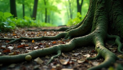 Fototapeta premium Ancient tree roots spreading across the forest floor, forest life, texture