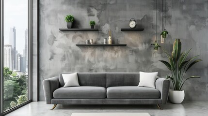 A living room with a large window overlooking a lake