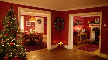 Cozy Christmas Home: Festive Red Decor and a Majestic Tree