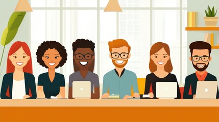 Diverse Team Collaboration: A vibrant and diverse team of colleagues working together on their laptops in a bright, modern office setting, illustrating the power of collaboration and inclusion.