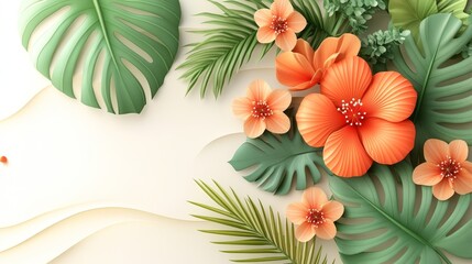 Naklejka premium Tropical Hibiscus Flowers and Monstera Leaves Summer Floral Design Botanical Illustration