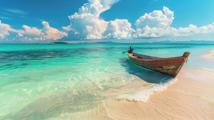 Naklejka premium A boat is sitting on the beach next to the ocean. The sky is cloudy and the water is blue