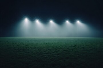Four bright stadium lights illuminate a foggy, green field at night.