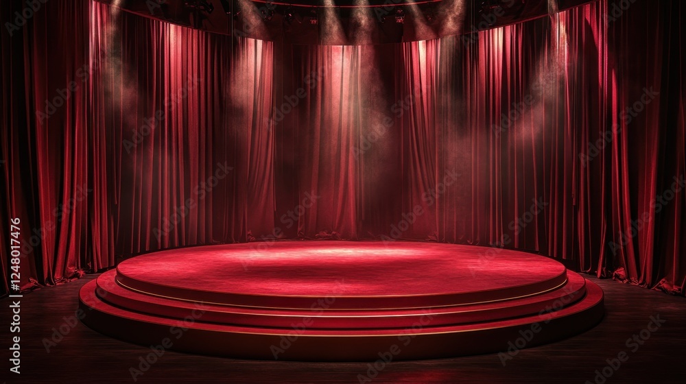 Poster empty red stage with spotlights and curtains, ready for performance or presentation.
