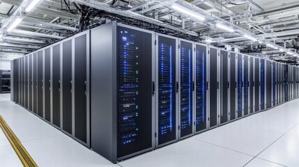 Modern Data Center: Rows of Servers in a High-Tech Facility