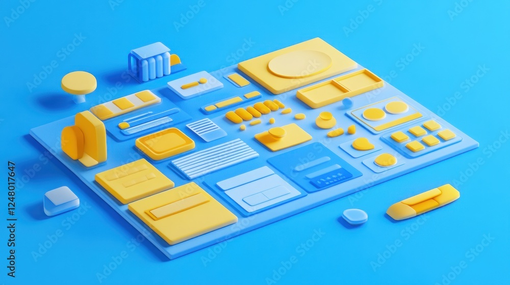 Poster abstract 3d render of yellow and blue geometric shapes and ui elements on a blue background.