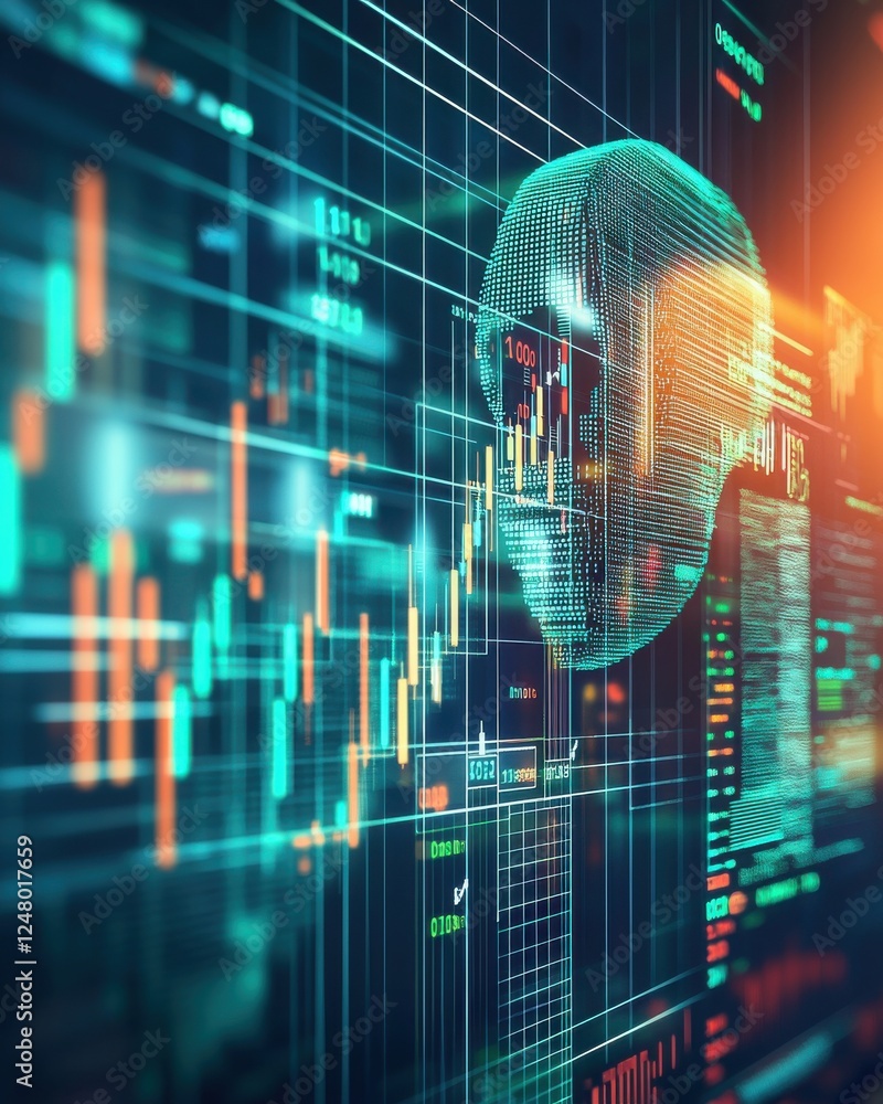Poster digital data visualization of human skull against financial charts and graphs in futuristic environm