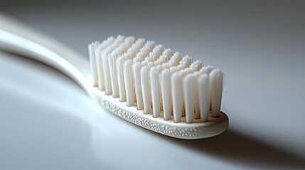 Close up, side profile view photo of an eco-friendly white toothbrush isolated on a white background.