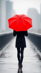 A person walks on a rainy path, holding a vibrant red umbrella, surrounded by a blurred cityscape.