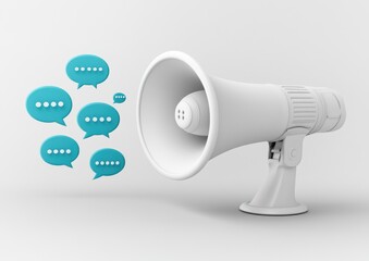 White megaphone with teal speech bubbles, representing communication, announcement, or marketing concept.