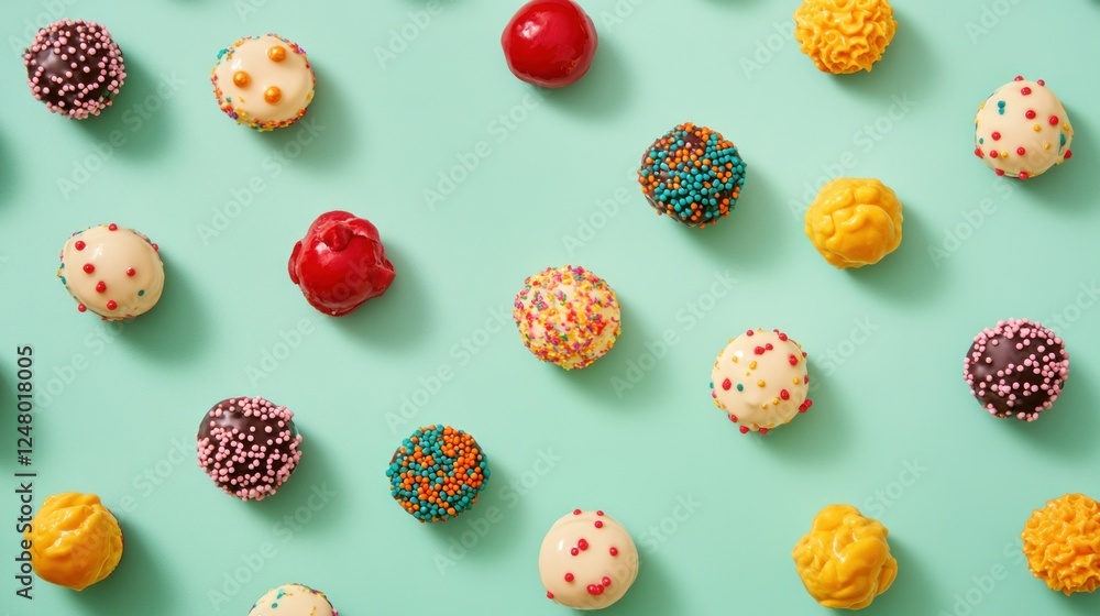 Aufkleber Colorful assorted chocolate truffles arranged on a teal background in a repeating pattern.