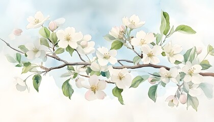 Obraz premium Watercolor painting of a blossoming branch featuring delicate white flowers