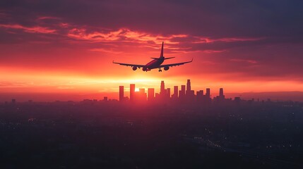Sunset Airplane Landing over Los Angeles Skyline
