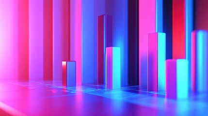 Abstract 3D neon bars chart, glowing in vibrant pink and blue light, reflecting on a glossy surface.