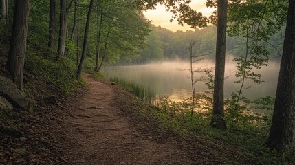 Fototapeta premium Serene sunrise trail along misty lake in lush forest.